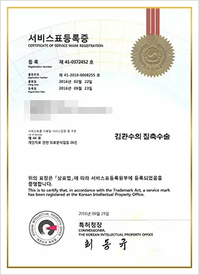 김관수의 질축수술 서비스표등록증 - 특허청 등록번호 제41-0372452호, 출원번호 제41-2016-0008255호, 등록일 2016-09-23