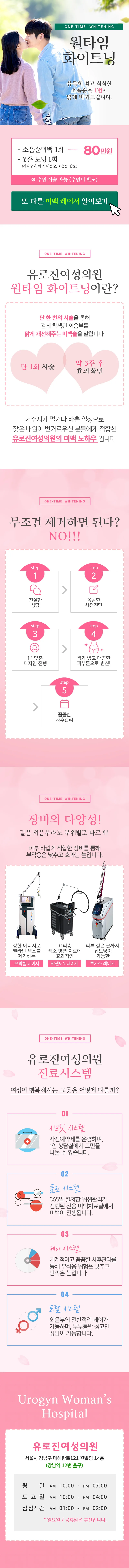 원타임 소음순미백 이벤트 - 소음순미백 1회와 Y존 토닝 1회 80만원. 단 1회 시술 후 약 3주 후 효과 확인, 시술 5단계와 보유 레이저 3종 안내